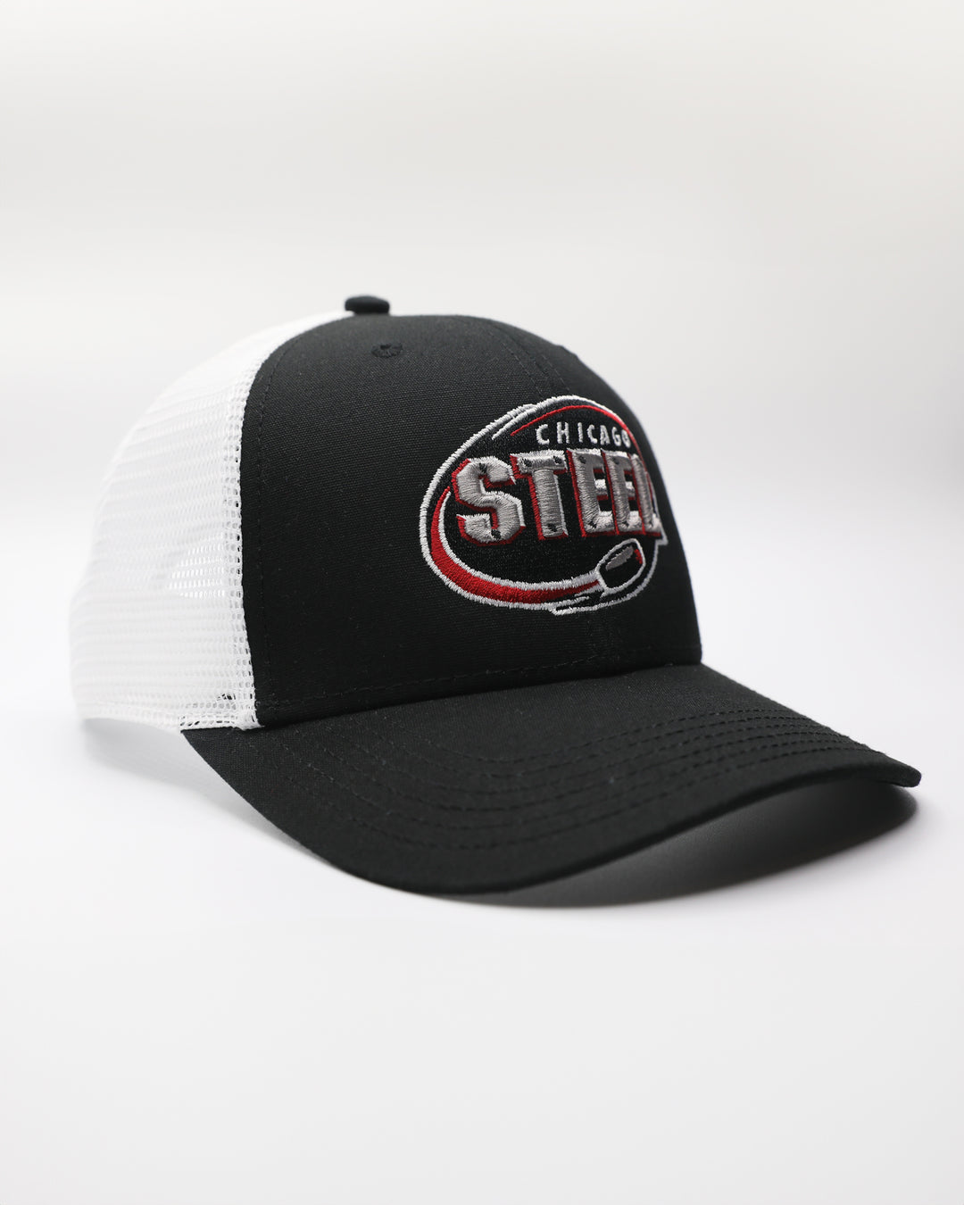 black and white adjustable trucker with embroidered Chicago Steel logo on front - right angle lay flat