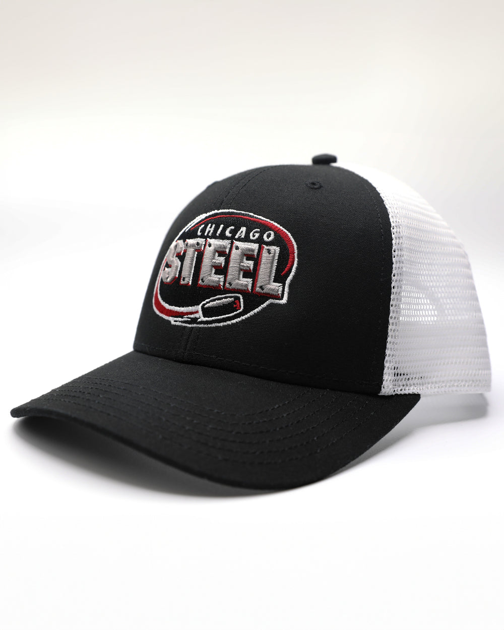 black and white adjustable trucker with embroidered Chicago Steel logo on front - left angle lay flat