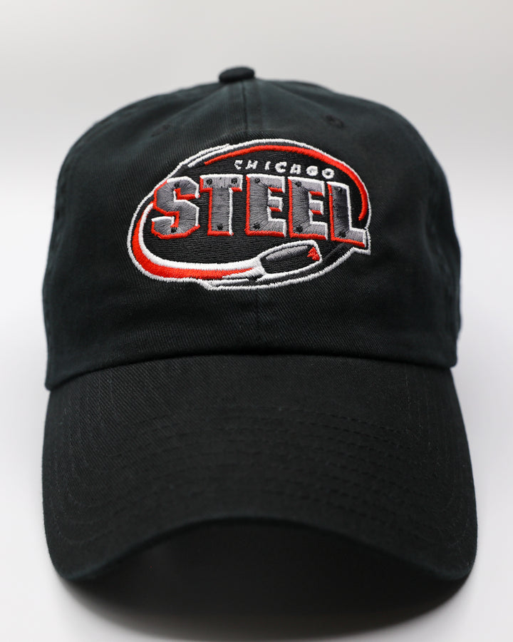 black '47 brand adjustable hat with embroidered Chicago Steel logo on front - front lay flat