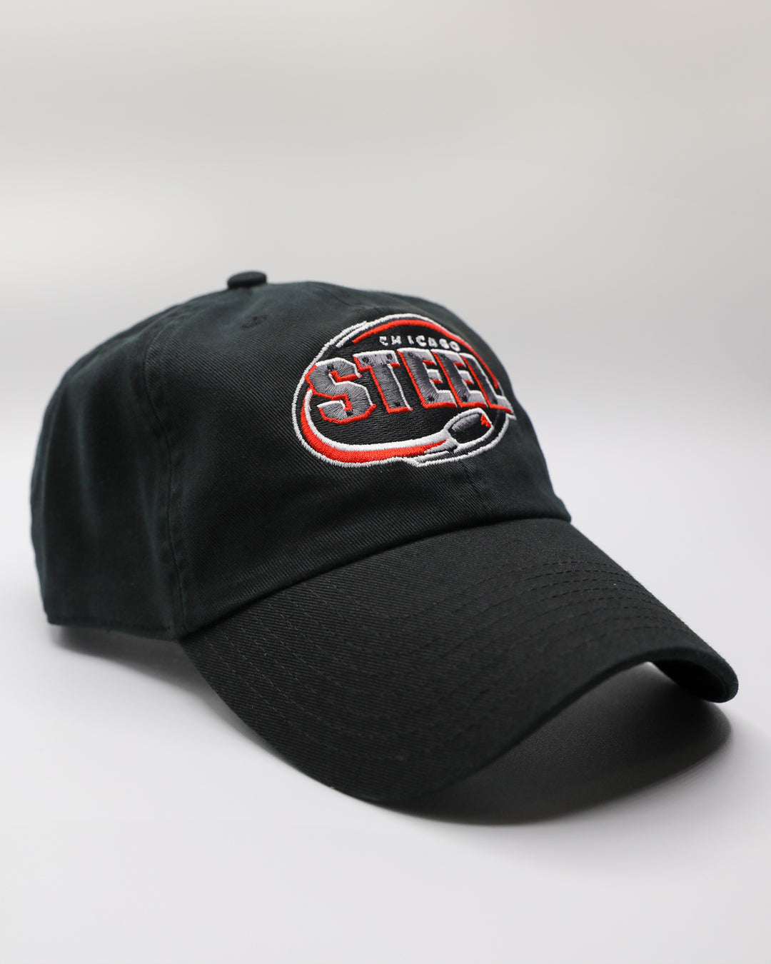 black '47 brand adjustable hat with embroidered Chicago Steel logo on front - right angle lay flat