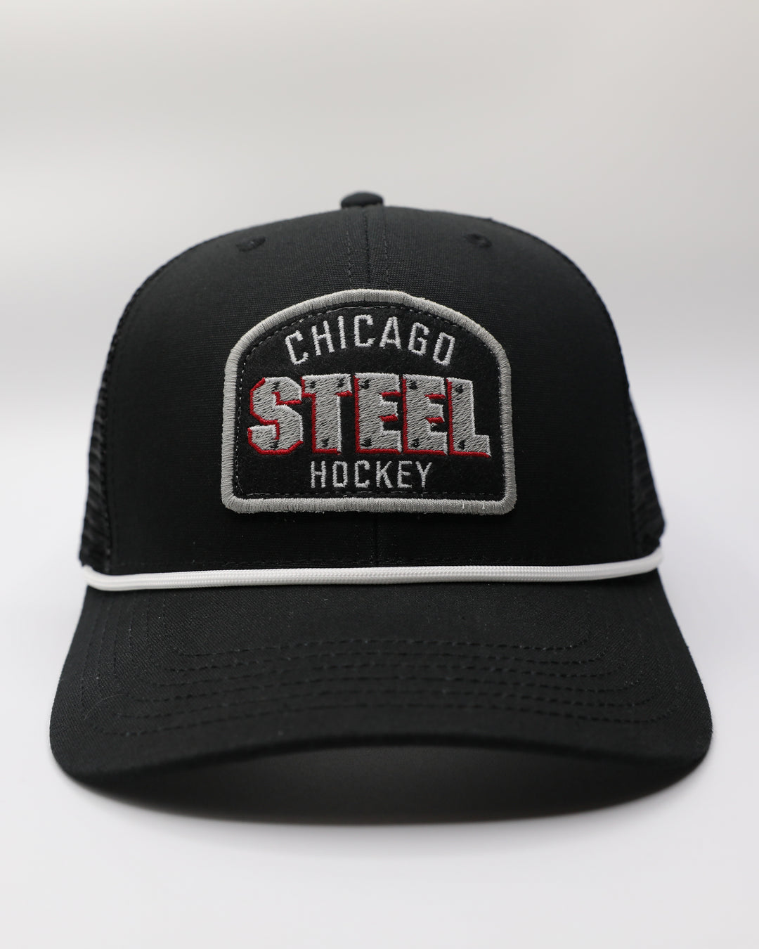 black rope trucker cap with Chicago Steel hockey patch embroidered on front - front lay flat