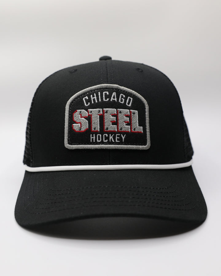 black rope trucker cap with Chicago Steel hockey patch embroidered on front - front lay flat