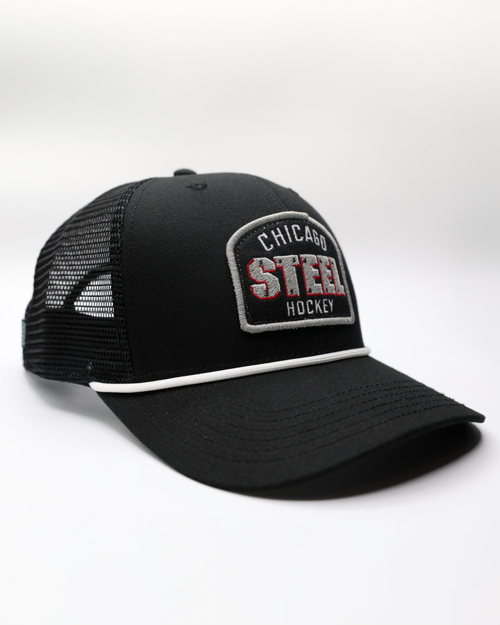 black rope trucker cap with Chicago Steel hockey patch embroidered on front - right angle lay flat