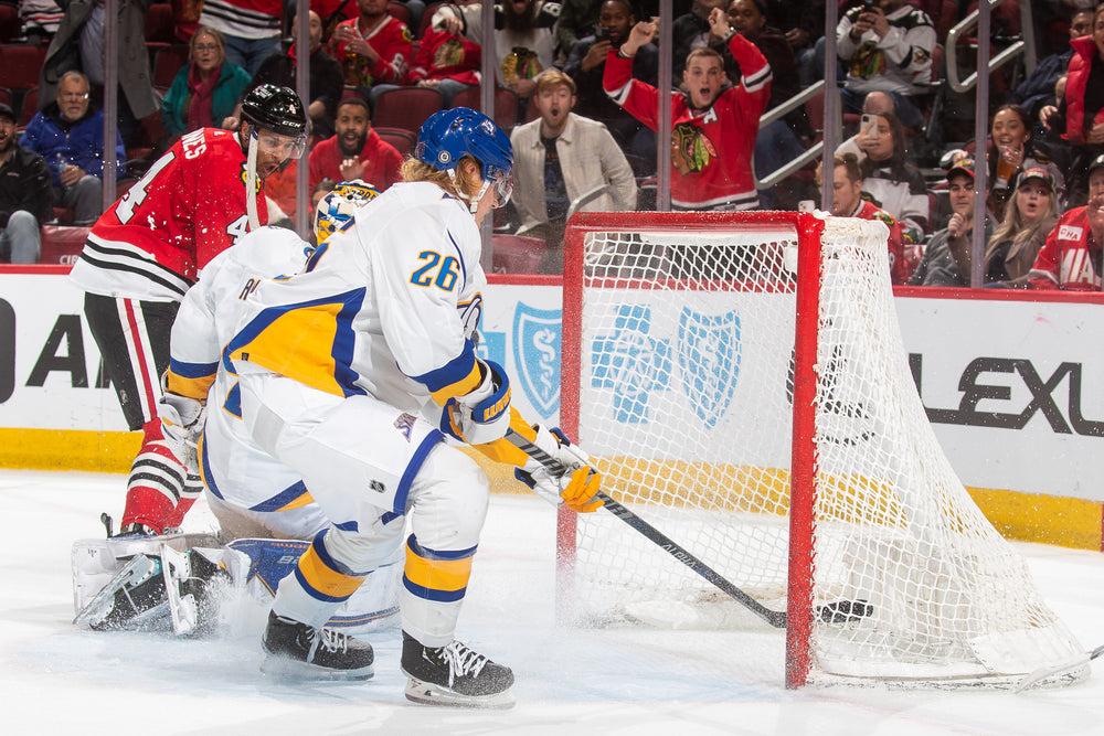 Chicago Blackhawks player Seth Jones scoring OT goal against the Buffalo Sabres 1/17/23