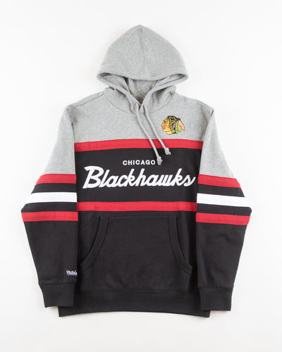 Mitchell & Ness grey and black hoodie with Chicago Blackhawks wordmark and primary logo on front - front lay flat