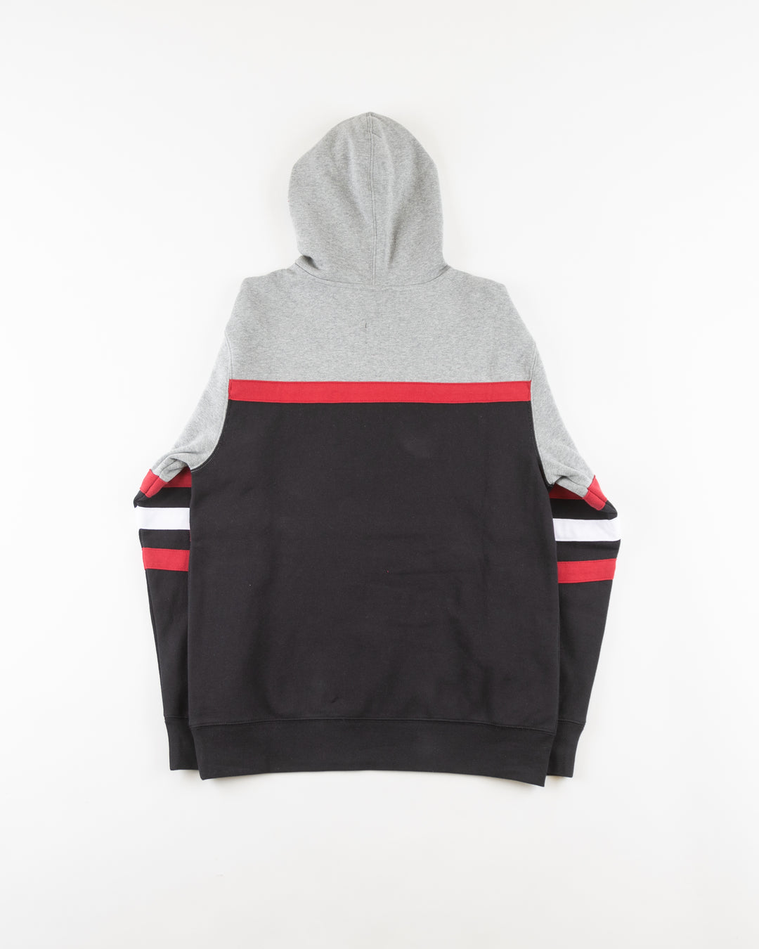 Mitchell & Ness grey and black hoodie with Chicago Blackhawks wordmark and primary logo on front - back lay flat