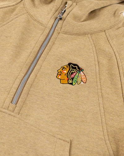 brown ladies lululemon cropped hoodie half zip with Chicago Blackhawks embroidered primary logo on left chest - detail  lay flat