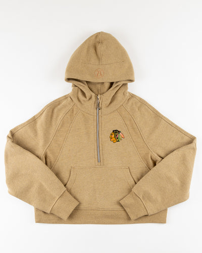 brown ladies lululemon cropped hoodie half zip with Chicago Blackhawks embroidered primary logo on left chest - front lay flat