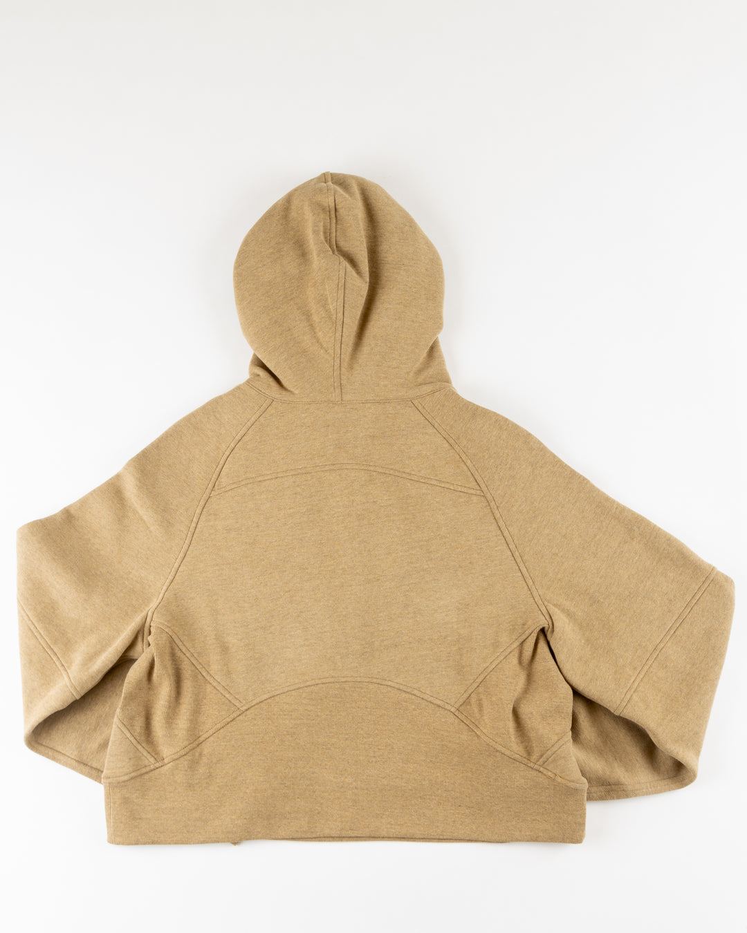 brown ladies lululemon cropped hoodie half zip with Chicago Blackhawks embroidered primary logo on left chest - back lay flat