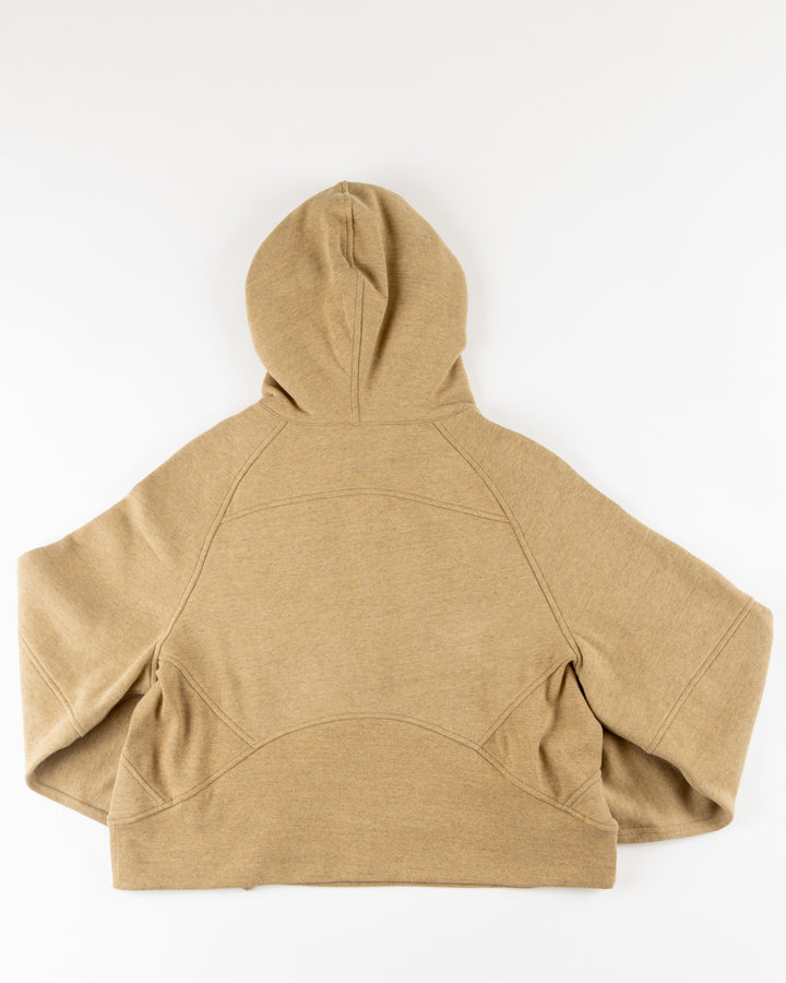 brown ladies lululemon cropped hoodie half zip with Chicago Blackhawks embroidered primary logo on left chest - back lay flat