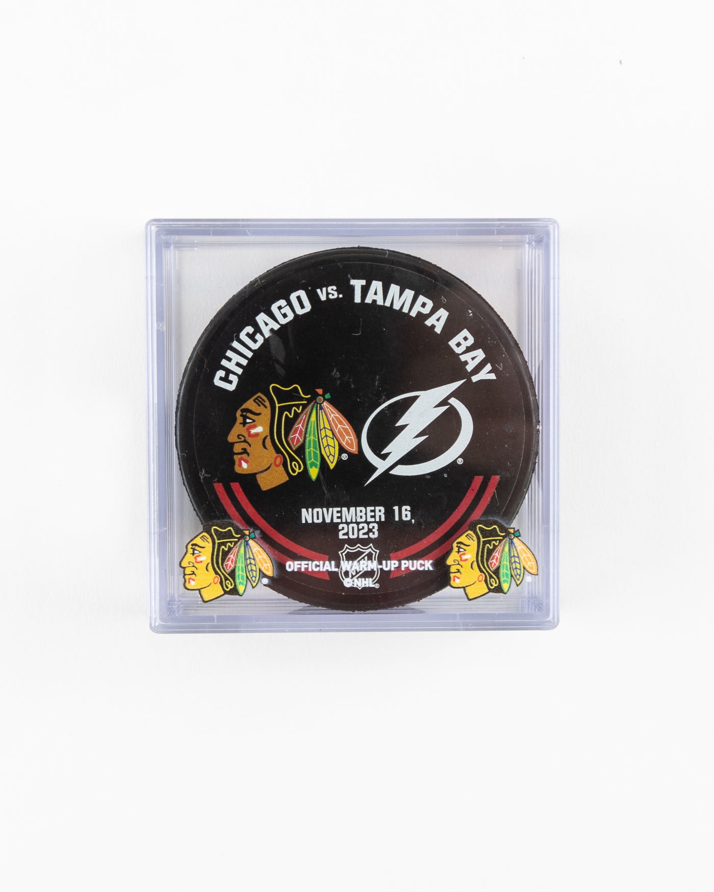 official warm up puck from Chicago Blackhawks vs Tampa Bay Lightning game on November 16, 2023 - front lay flat