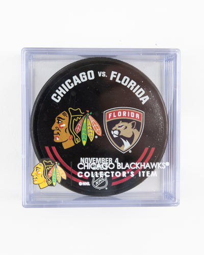 official warm up puck from Chicago Blackhawks vs Florida Panthers game on November 4, 2023 - front lay flat