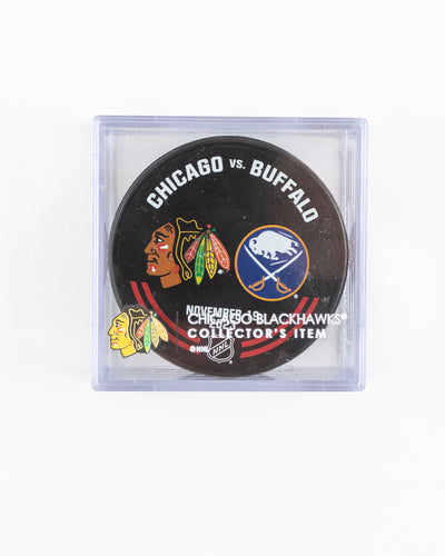 official warm up puck from Chicago Blackhawks vs Buffalo Sabres game on November 19, 2023 - front lay flat