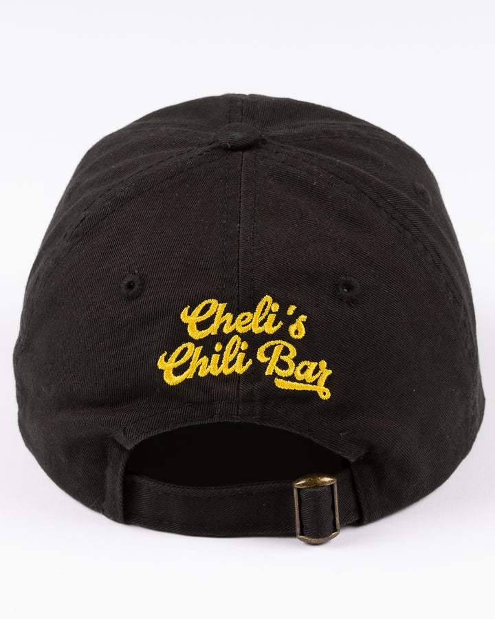 black adjustable Chicago Blackhawks Cheli's Chilli hat with embroidered chili pepper and wordmark - back lay flat