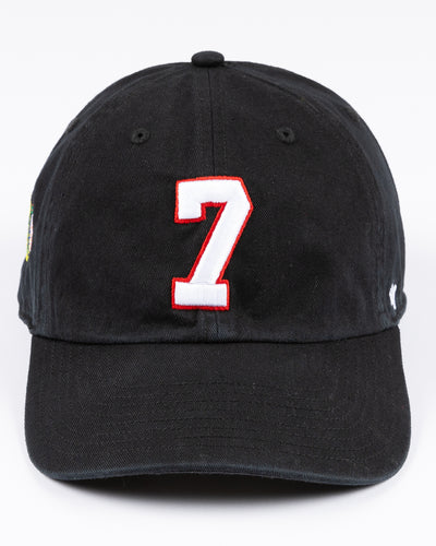 black '47 brand clean up cap with embroidered 7 and Chicago Blackhawks primary logo on right side - front lay flat 