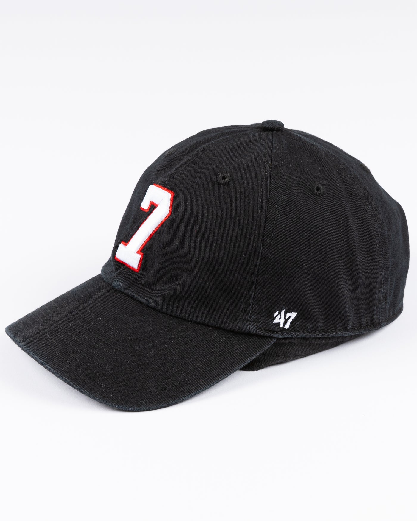 black '47 brand clean up cap with embroidered 7 and Chicago Blackhawks primary logo on right side - left angle lay flat 