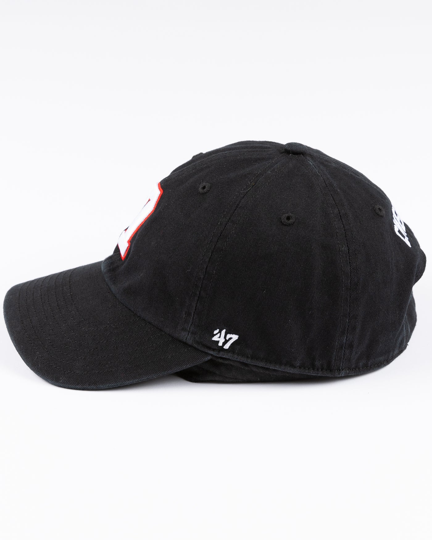 black '47 brand clean up cap with embroidered 7 and Chicago Blackhawks primary logo on right side - left side lay flat 