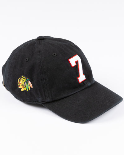 black '47 brand clean up cap with embroidered 7 and Chicago Blackhawks primary logo on right side - right angle lay flat 