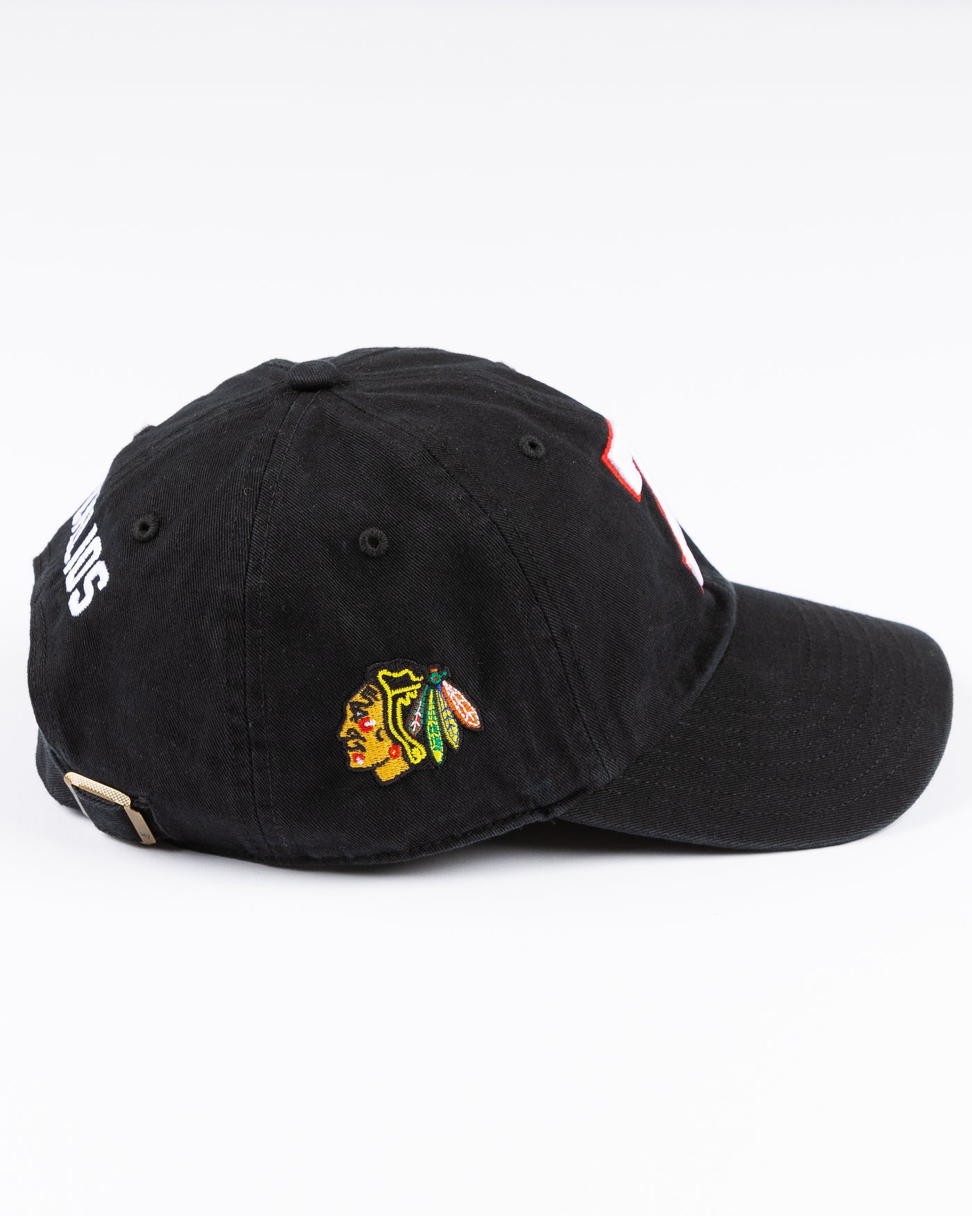 black '47 brand clean up cap with embroidered 7 and Chicago Blackhawks primary logo on right side - right side lay flat 