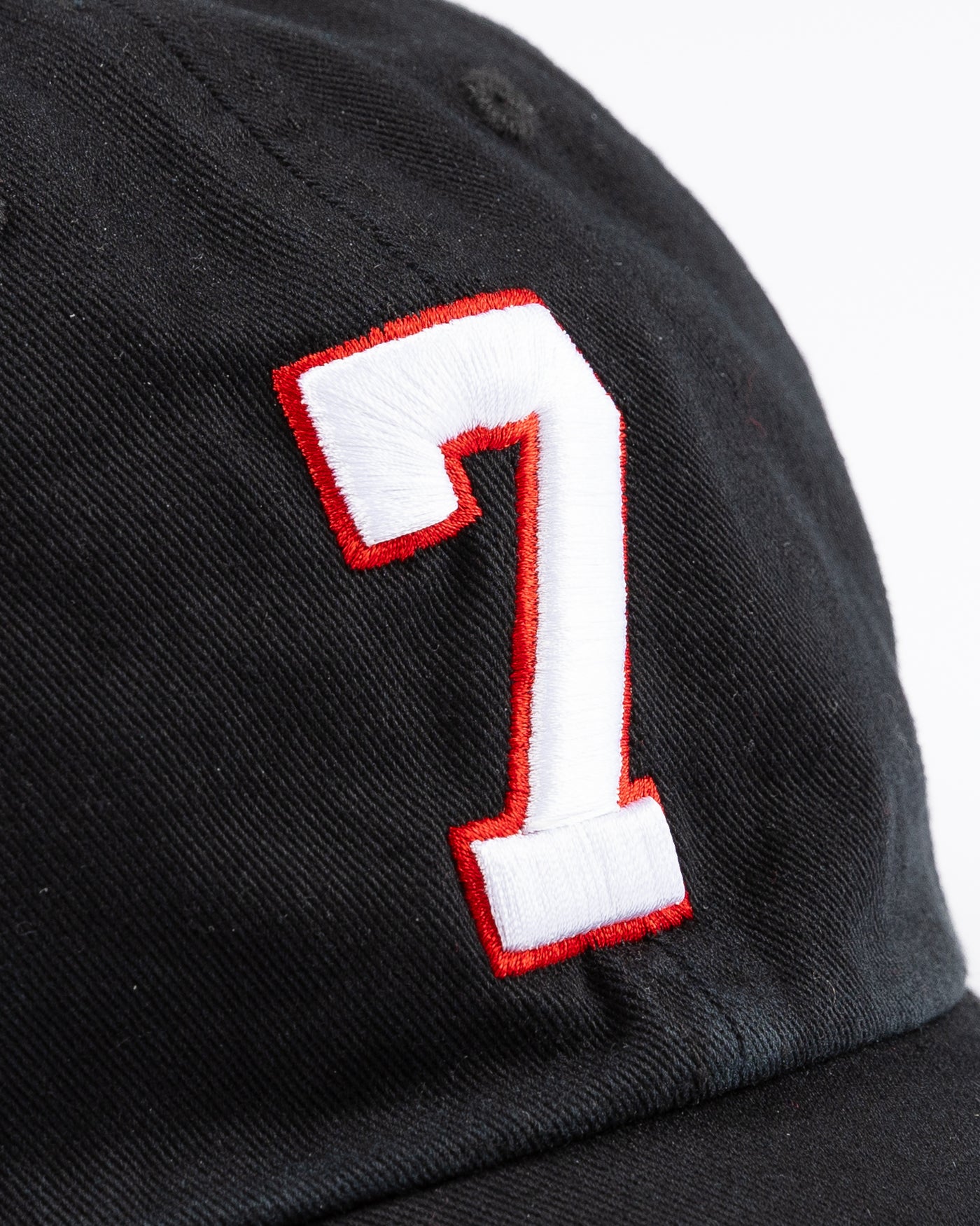 black '47 brand clean up cap with embroidered 7 and Chicago Blackhawks primary logo on right side - front detail lay flat 