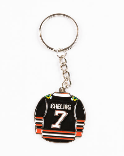 Mustang keychain of black Chicago Blackhawks jersey with Chelios design - front lay flat