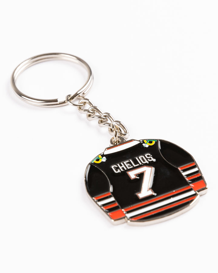 Mustang keychain of black Chicago Blackhawks jersey with Chelios design - detail lay flat