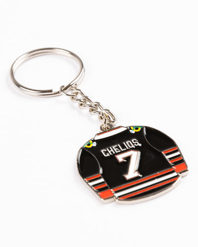 Mustang keychain of black Chicago Blackhawks jersey with Chelios design - detail lay flat