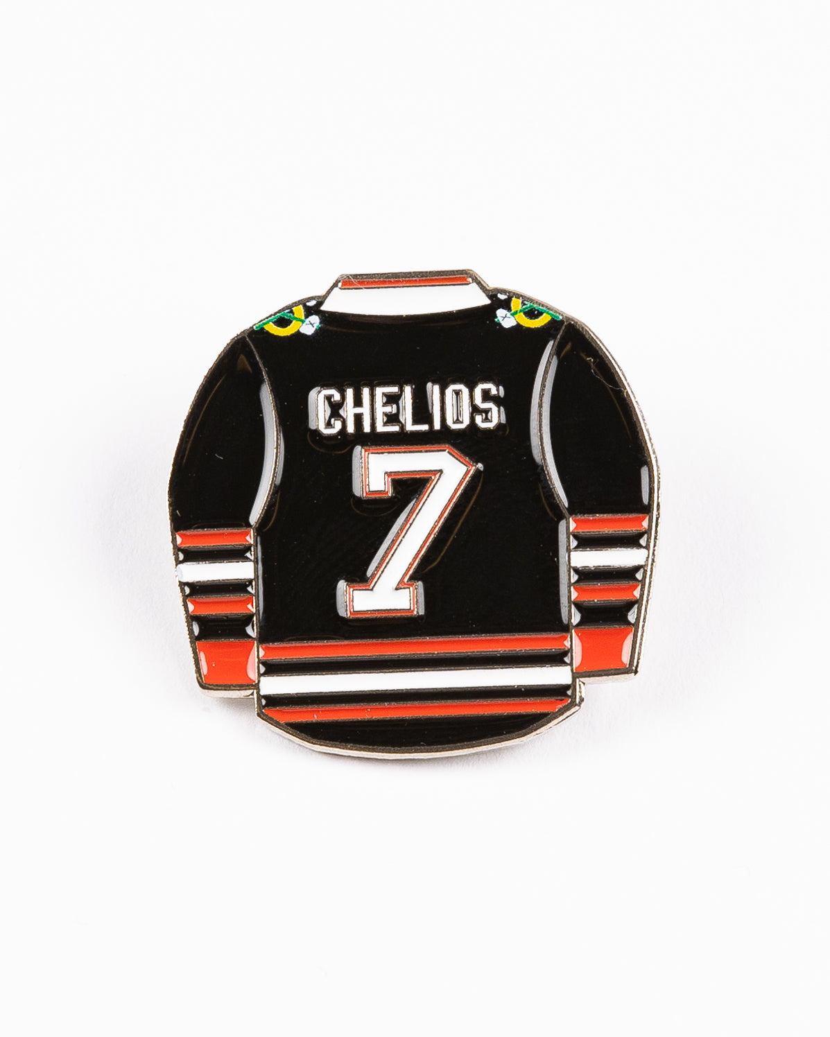 pin with Chicago Blackhawks jersey inspired design for Chris Chelios retirement - front lay flat