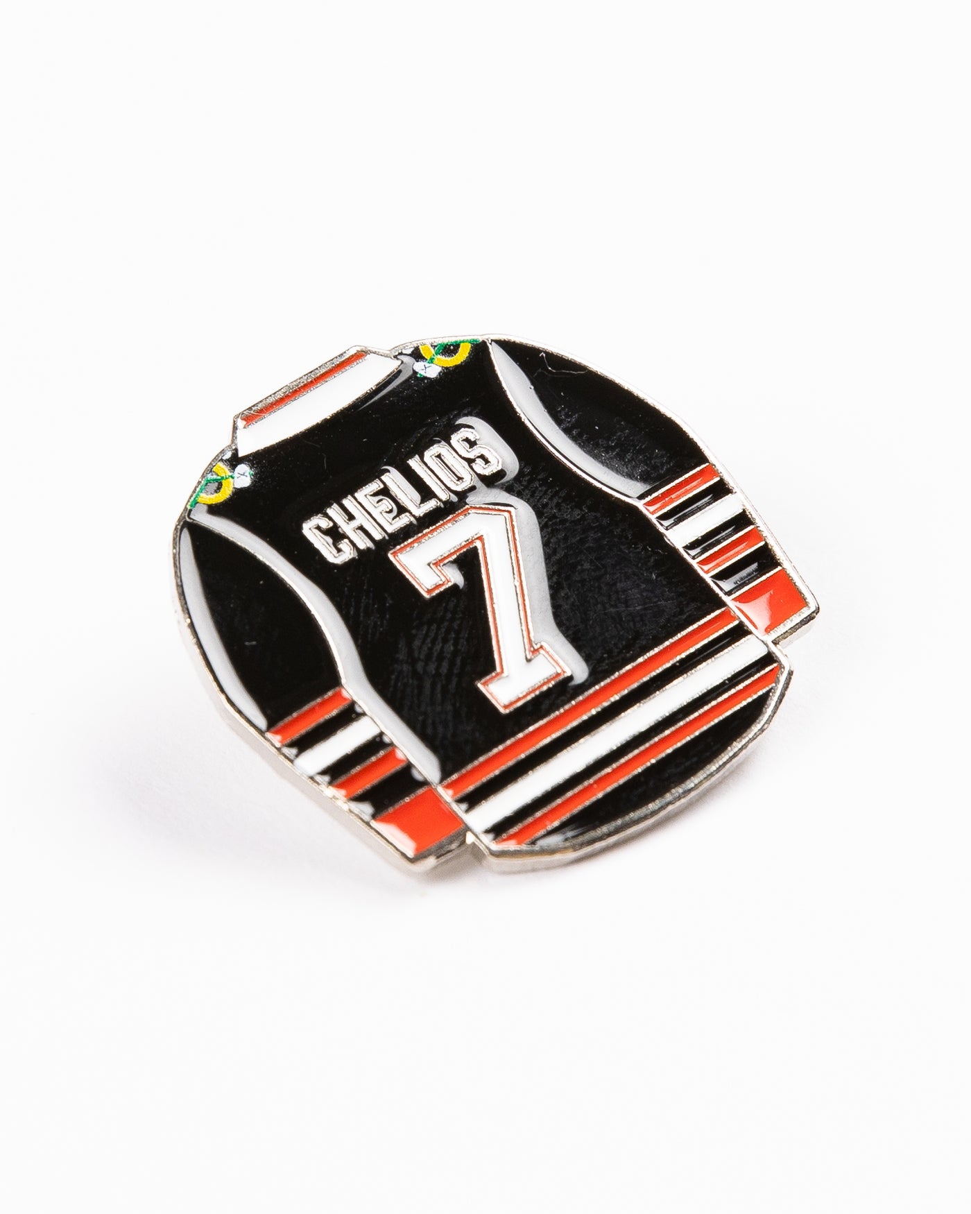 pin with Chicago Blackhawks jersey inspired design for Chris Chelios retirement - angled lay flat