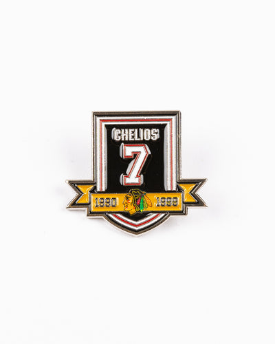 Chicago Blackhawks pin inspired design of Chris Chelios retirement banner - front lay flat