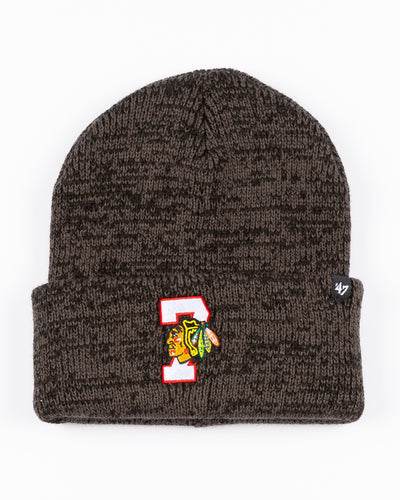 black marled knit '47 beanie with embroidered 7 and Chicago Blackhawks primary logo on front cuff - front lay flat
