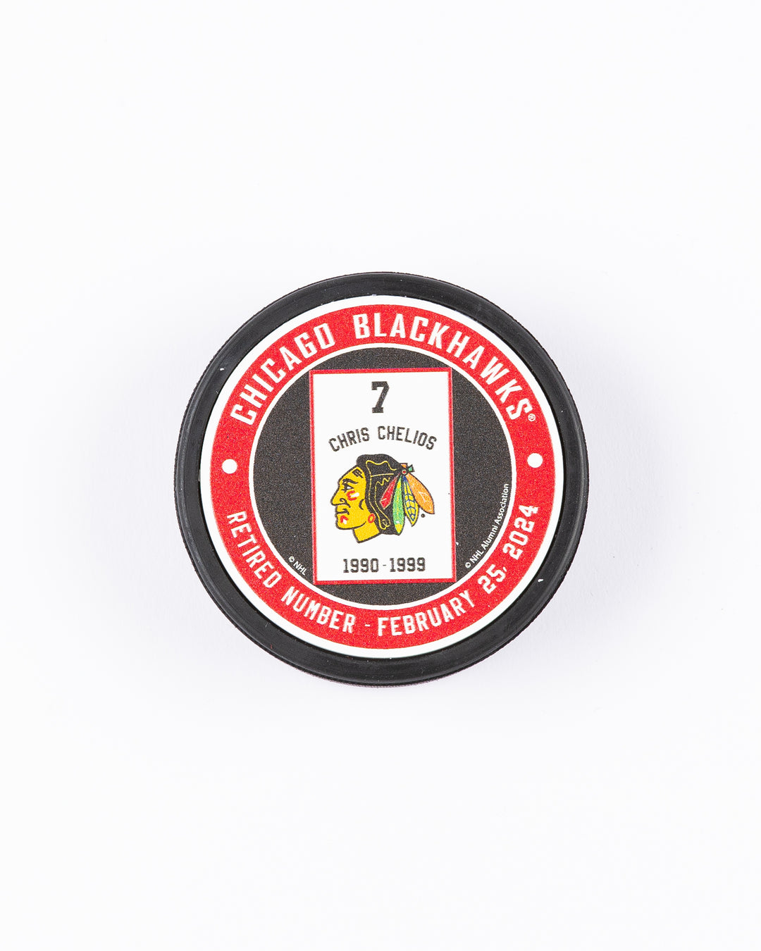 Mustang hockey puck with Chris Chelios retirement banner graphic - front lay flat