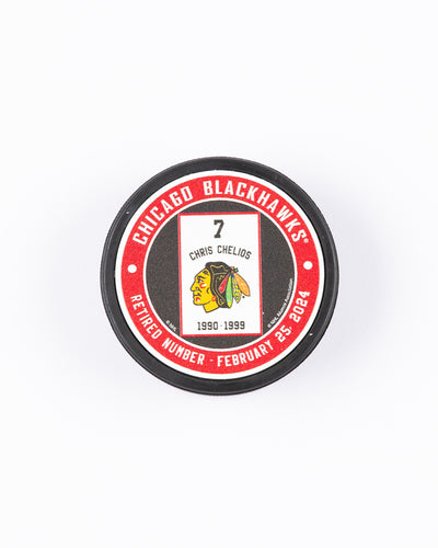 Mustang hockey puck with Chris Chelios retirement banner graphic - front lay flat