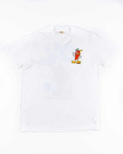 white tee with Cheli's Chili Bar branding and graphics on back and chili pepper mascot on left front - front lay flat