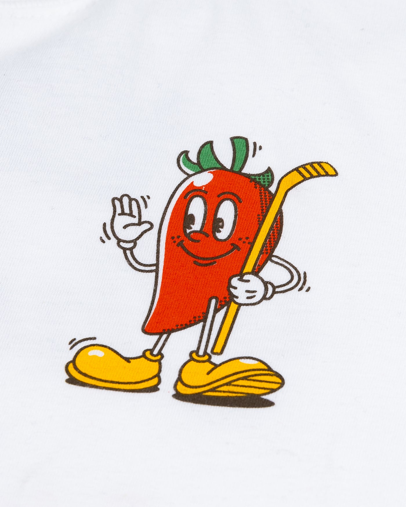 white tee with Cheli's Chili Bar branding and graphics on back and chili pepper mascot on left front - front detail lay flat