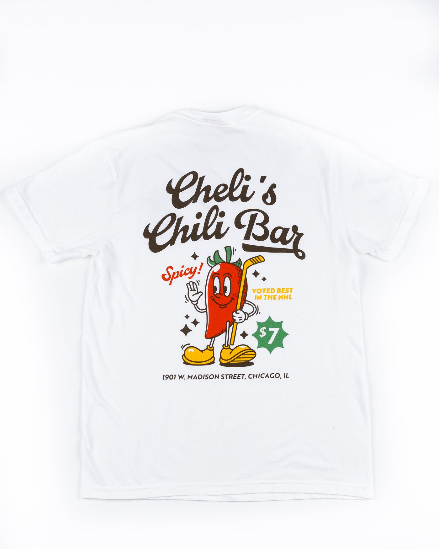 white tee with Cheli's Chili Bar branding and graphics on back and chili pepper mascot on left front - back  lay flat