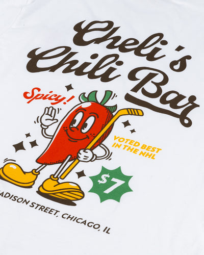 white tee with Cheli's Chili Bar branding and graphics on back and chili pepper mascot on left front - back detail lay flat