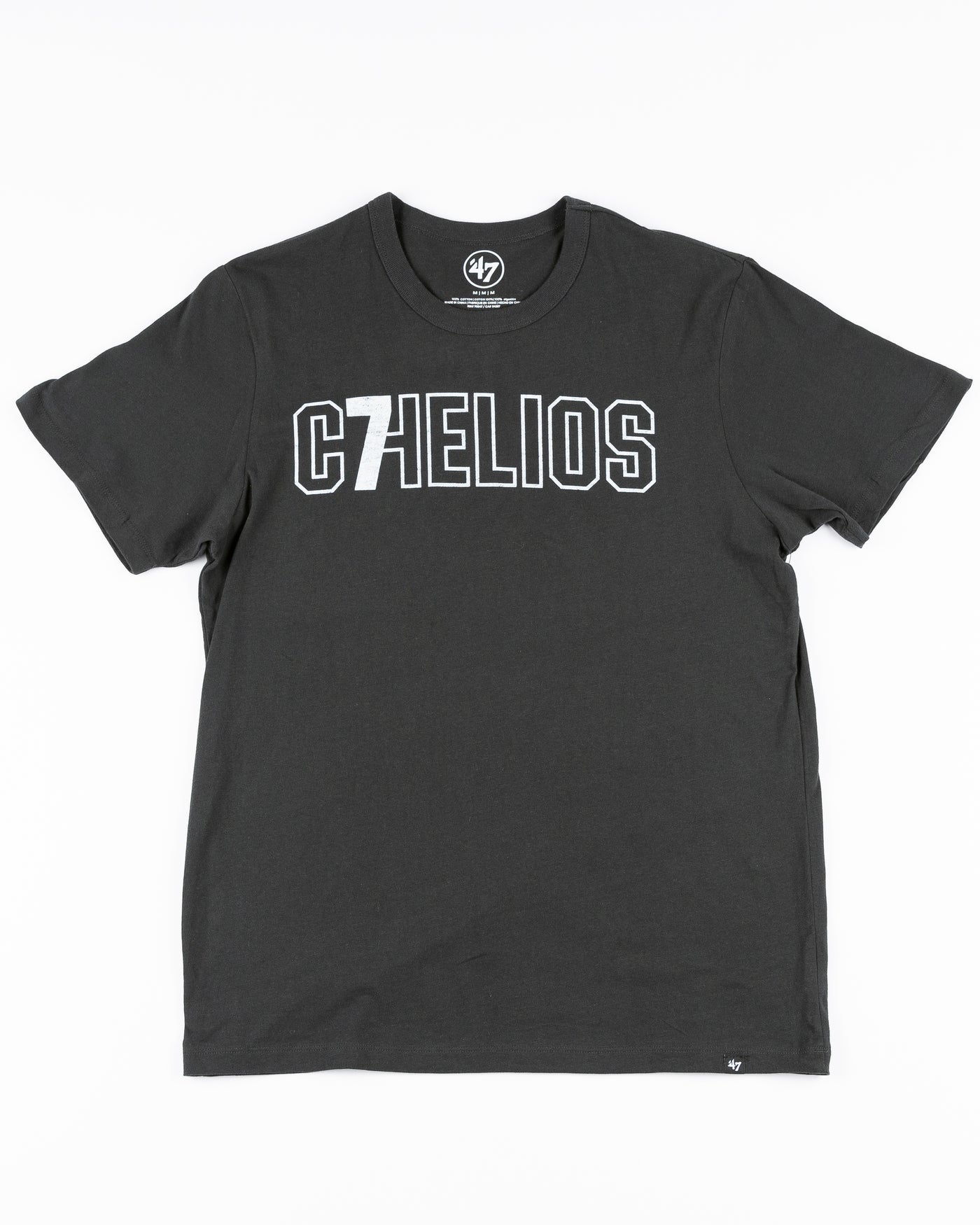 black '47 brand tee with Chelios retirement logo on front and Chicago Blackhawks banner on back yoke - front lay flat