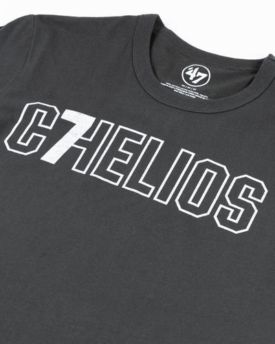 black '47 brand tee with Chelios retirement logo on front and Chicago Blackhawks banner on back yoke - detail lay flat