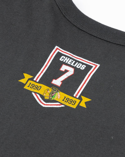 black '47 brand tee with Chelios retirement logo on front and Chicago Blackhawks banner on back yoke - back detail lay flat