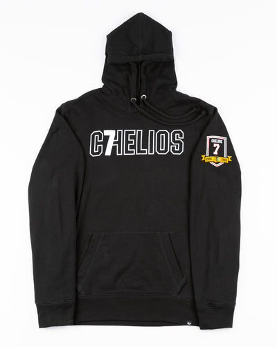 black '47 brand hoodie with Chelios 7 inspired design across chest and banner graphic on left shoulder - front lay flat