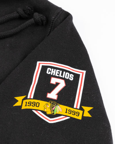 black '47 brand hoodie with Chelios 7 inspired design across chest and banner graphic on left shoulder - detail lay flat