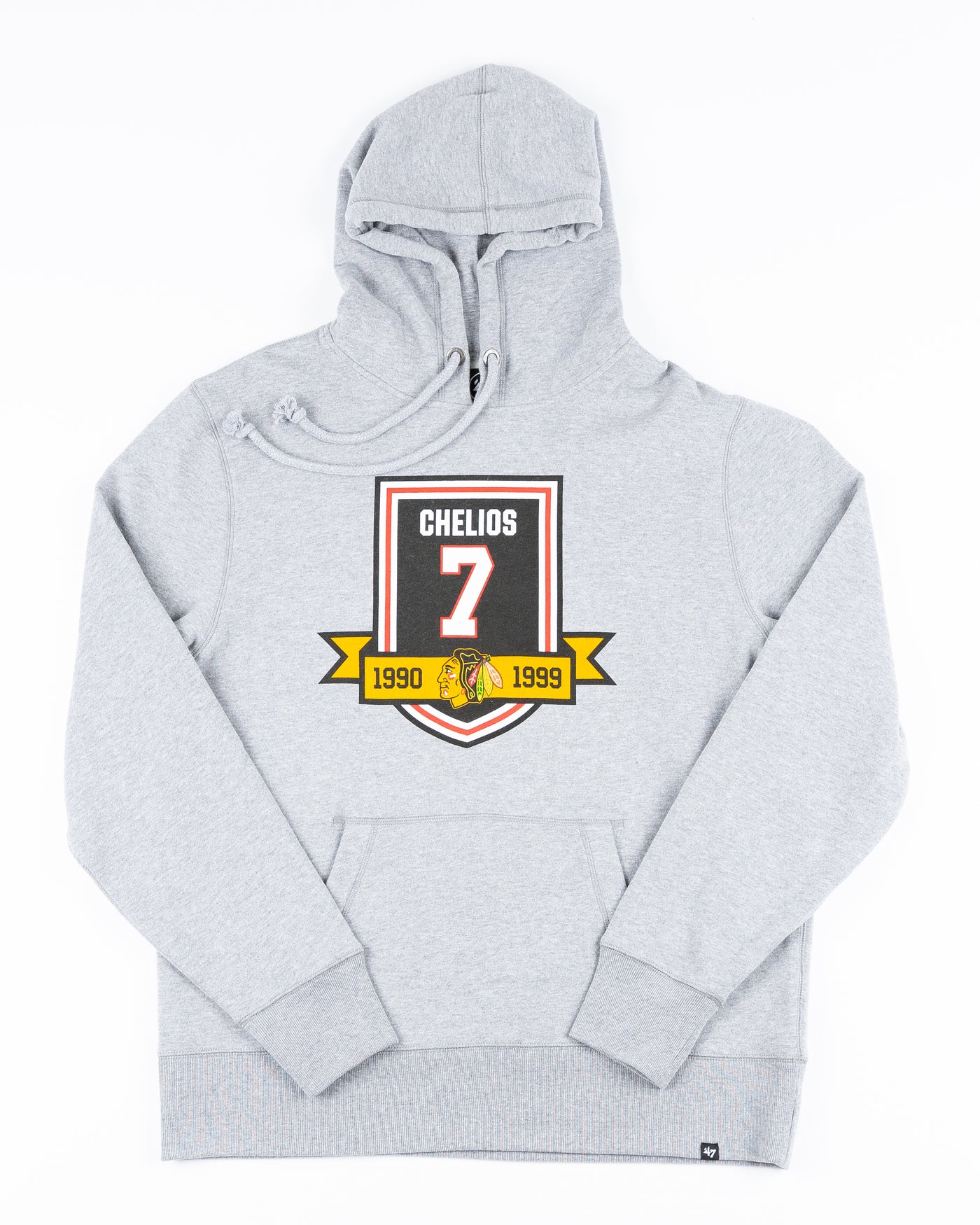 grey '74 brand hoodie with Chicago Blackhawks Chelios retirement banner inspired design on front - front lay flat
