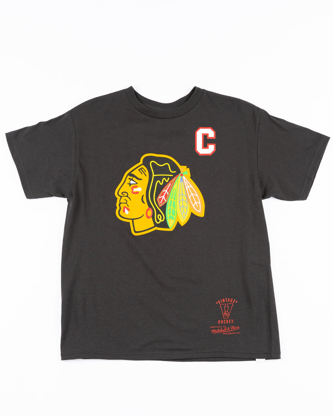 black Mitchell & Ness youth player tee of Chris Chelios inspired by vintage jersesy - front lay flat