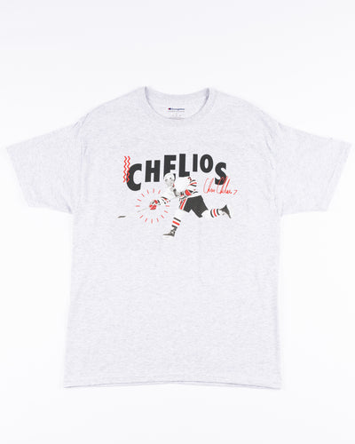 grey Champion tee with vintage Chelios design for the Chicago Blackhawks - front lay flat