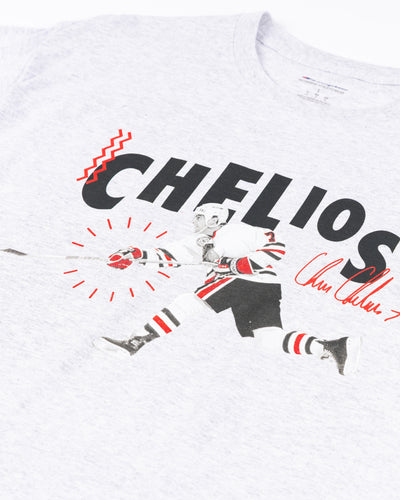 grey Champion tee with vintage Chelios design for the Chicago Blackhawks - front detail lay flat