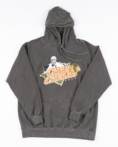 grey Chris Chelios vintage inspired hoodie with Chicago Blackhawks branding - front lay flat