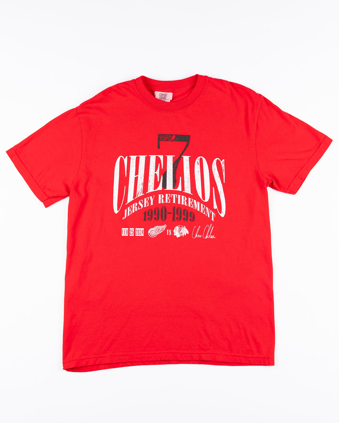 red Chicago Blackhawks short sleeve tee with wordmark Chris Chelios retirement graphic across front - front lay flat