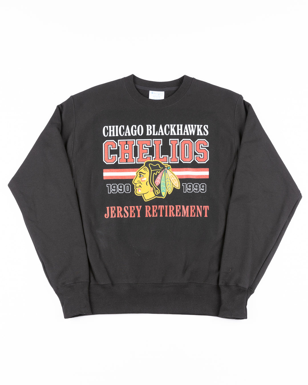 black Champion Reverse Weave crewneck with Chicago Blackhawks Chelios Retirement vintage design on front - front lay flat