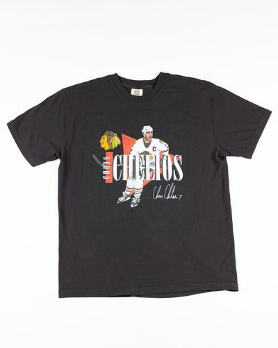 black Chicago Blackhawks short sleeve tee with vintage inspired Chris Chelios retirement graphic - front lay flat